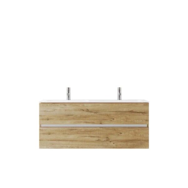 Set di mobili da bagno moderni con effetto legno e doppio lavabo per il bagno.