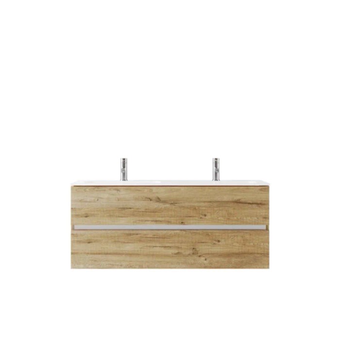 Set di mobili da bagno moderni con effetto legno e doppio lavabo per il bagno.