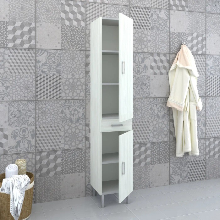 Mobile bagno stretto aperto effetto legno, categoria arredo bagno.
