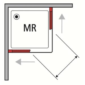 Schizzo di un box doccia angolare con dimensioni e simboli di porta scorrevole.