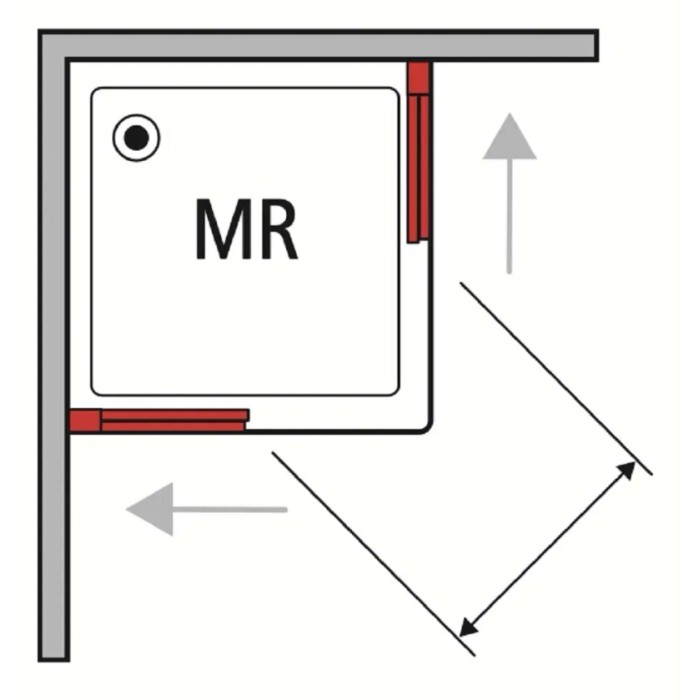 Schizzo di un box doccia angolare con dimensioni e simboli di porta scorrevole.