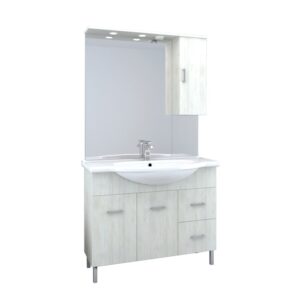 Mobile bagno bianco con specchio e pensile per arredo bagno.