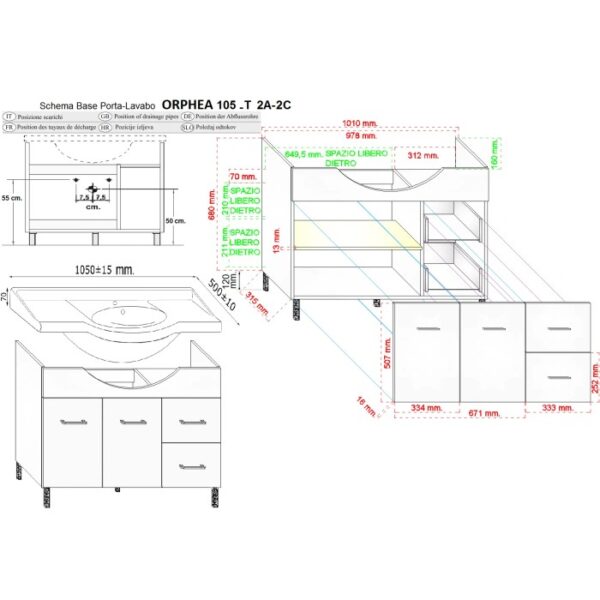 Disegno tecnico mobile bagno Orphea 105-T 2A-2C, misure e dettagli per l'arredo bagno.