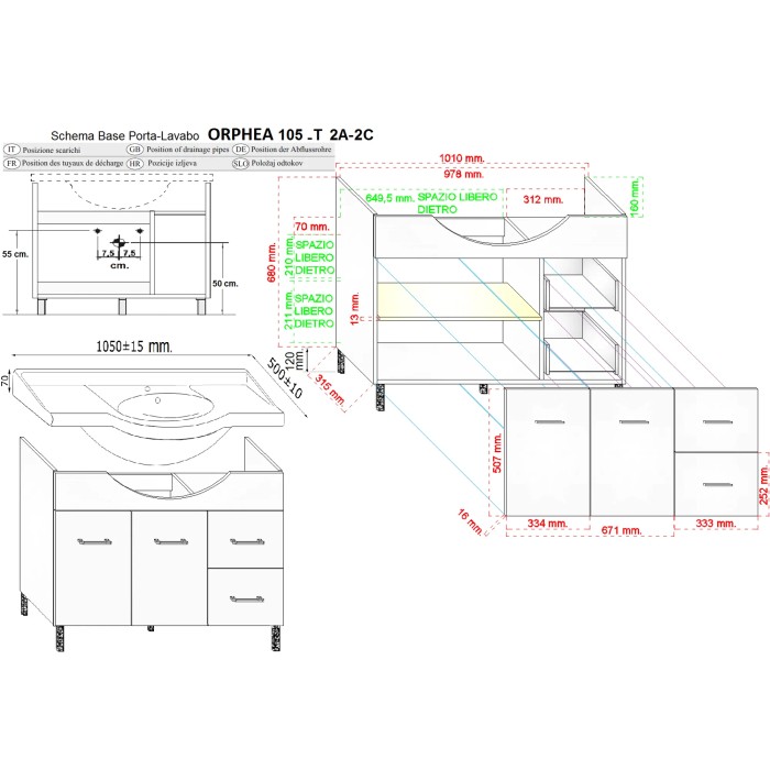Disegno tecnico mobile bagno Orphea 105-T 2A-2C, misure e dettagli per l'arredo bagno.