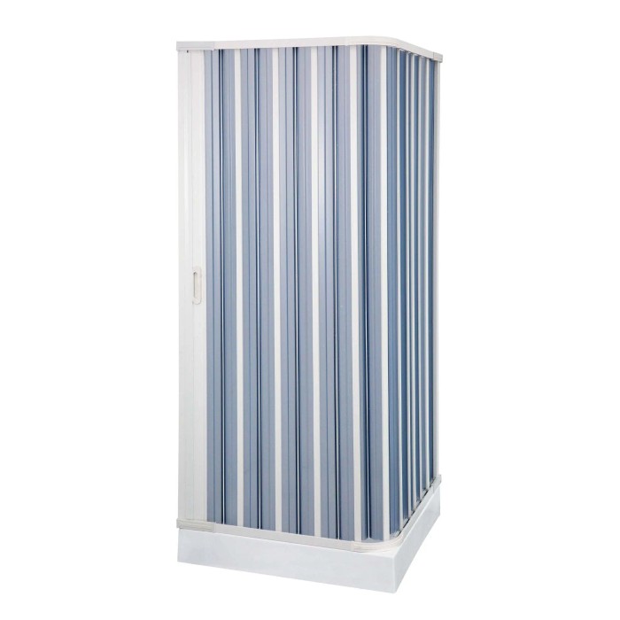 Box doccia t.b.t. con strisce blu e bianche.