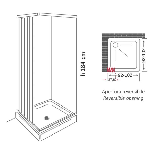 Disegno tecnico di un box doccia t.b.t. con dimensioni. Box doccia.