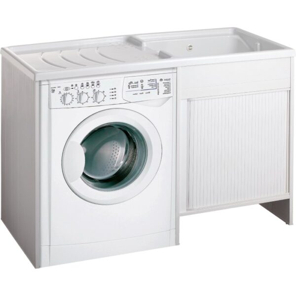 Mobile lavatrice Lavatoi bianco con lavabo e anta a serrandina.