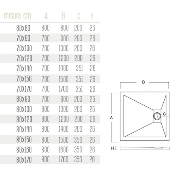 Disegno tecnico di un piatto doccia t.b.t. con dimensioni.