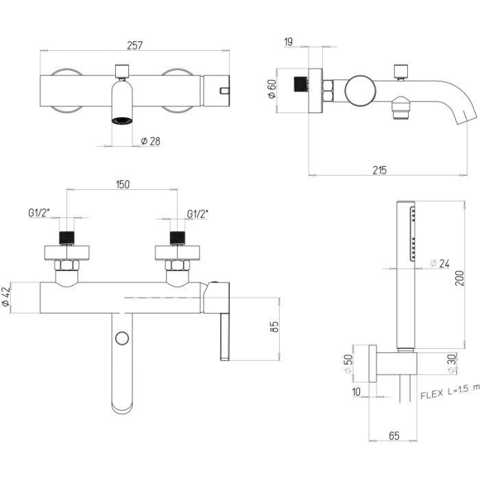Disegno tecnico di un miscelatore per vasca t.b.t. con dimensioni.