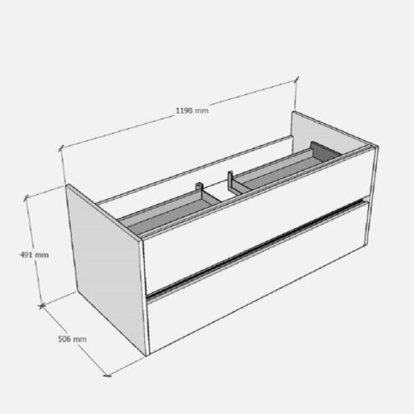 Schizzo di un mobile lavabo con cassetti e dimensioni per l'arredo bagno.