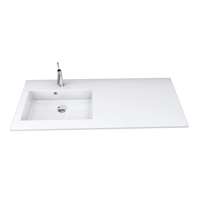 Lavabo singolo t.b.t. bianco con rubinetto, vista dall'alto.