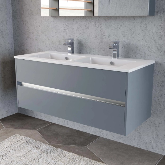 Mobile bagno grigio con doppio lavabo per arredamento bagno.