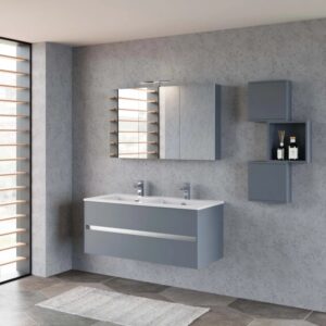 Set di mobili da bagno grigio con doppio lavabo, specchiera e mensole.