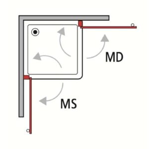 Schizzo di un box doccia con frecce e le etichette MD e MS.