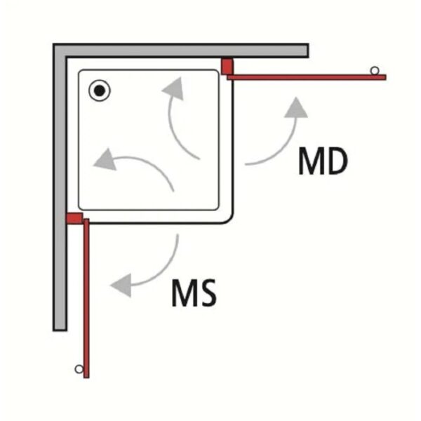 Schizzo di un box doccia con frecce e le etichette MD e MS.
