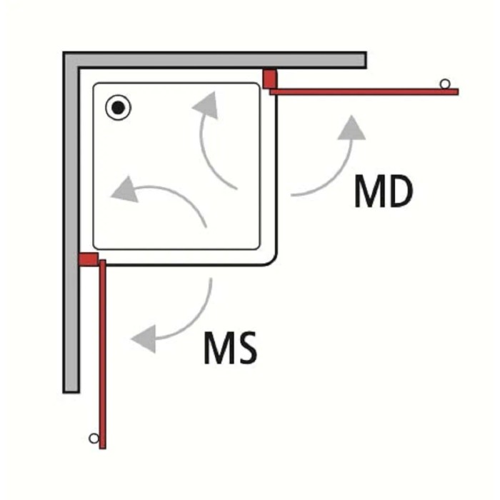 Schizzo di un box doccia con frecce e le etichette MD e MS.