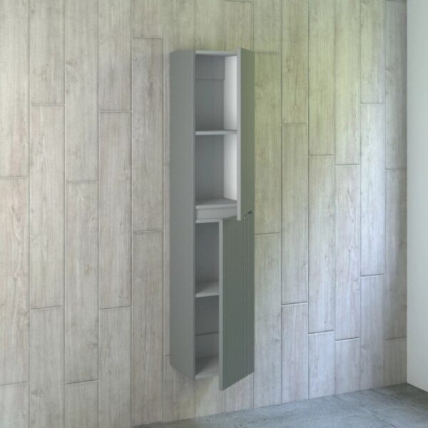 Mobile bagno sospeso t.b.t. grigio con ripiani aperti e anta a coste.