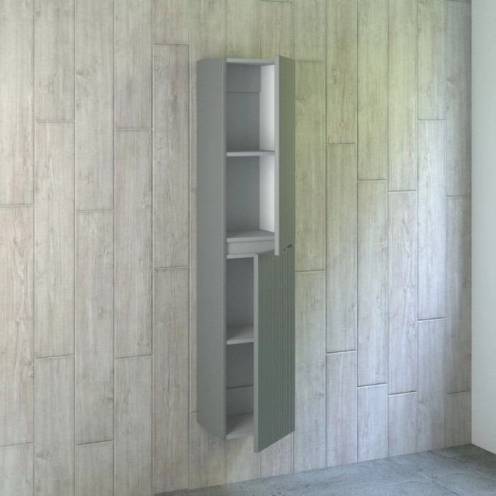 Mobile bagno sospeso t.b.t. grigio con ripiani aperti e anta a coste.