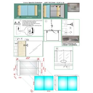 Disegno tecnico specchiera t.b.t. con misure e istruzioni di montaggio.
