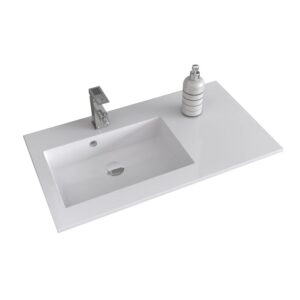 Lavabo singolo t.b.t. bianco con rubinetto e dispenser di sapone.