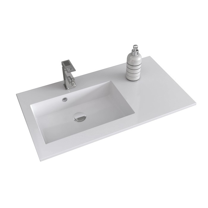 Lavabo singolo t.b.t. bianco con rubinetto e dispenser di sapone.
