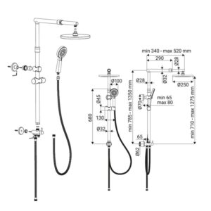 Disegno tecnico di una colonna doccia con soffione e doccetta, misure in mm.