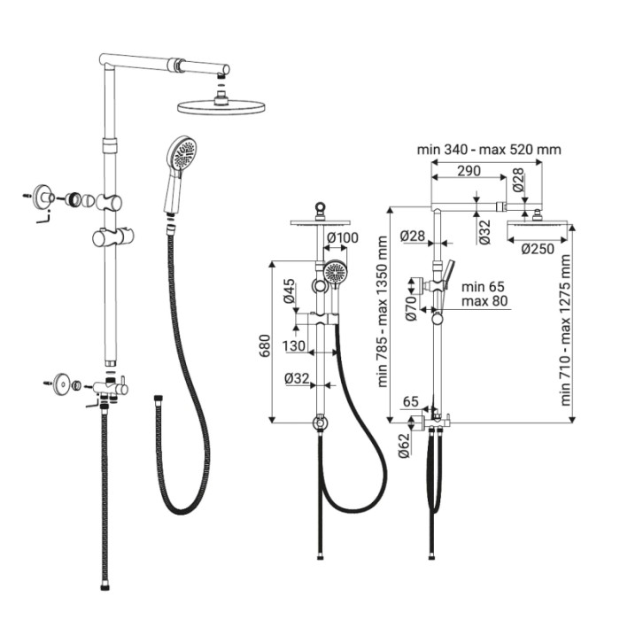 Disegno tecnico di una colonna doccia con soffione e doccetta, misure in mm.