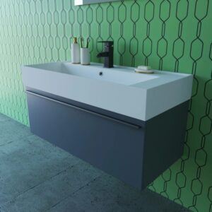 Mobile bagno moderno grigio con lavabo bianco e rubinetto nero.