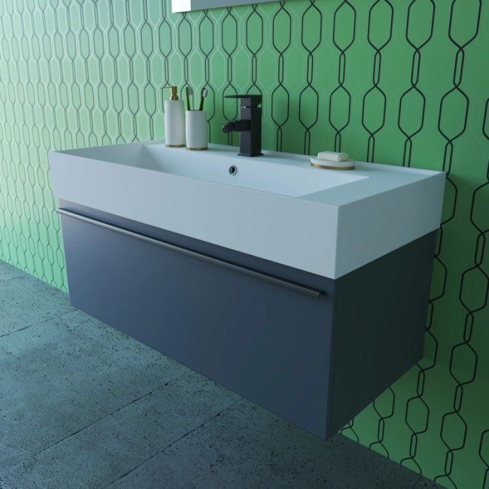 Mobile bagno moderno grigio con lavabo bianco e rubinetto nero.