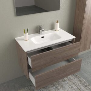 Set di mobili da bagno moderni con lavabo, mobile sottolavabo con cassetti e specchio.
