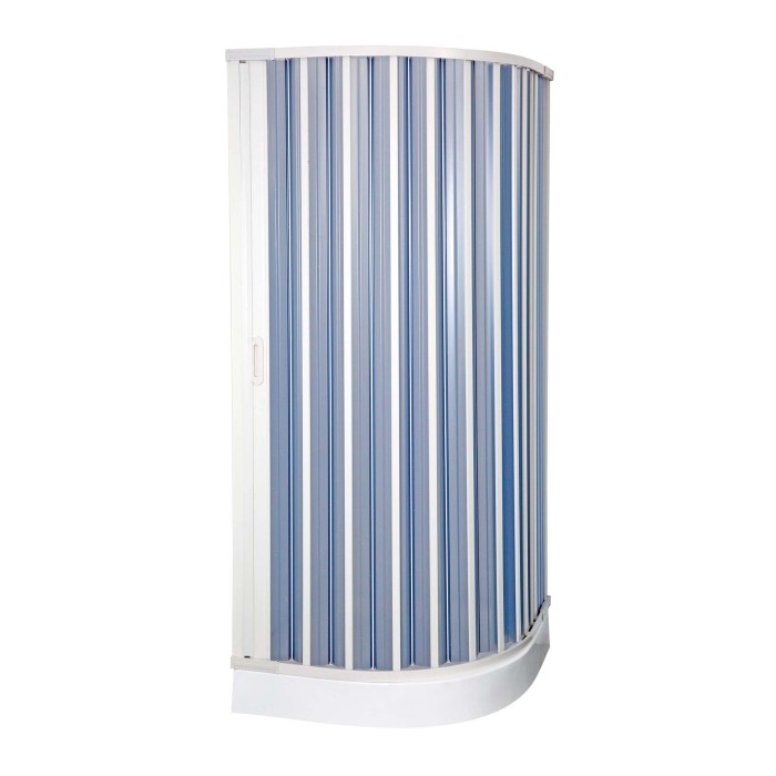 Box doccia t.b.t. con strisce blu e bianche e telaio bianco.