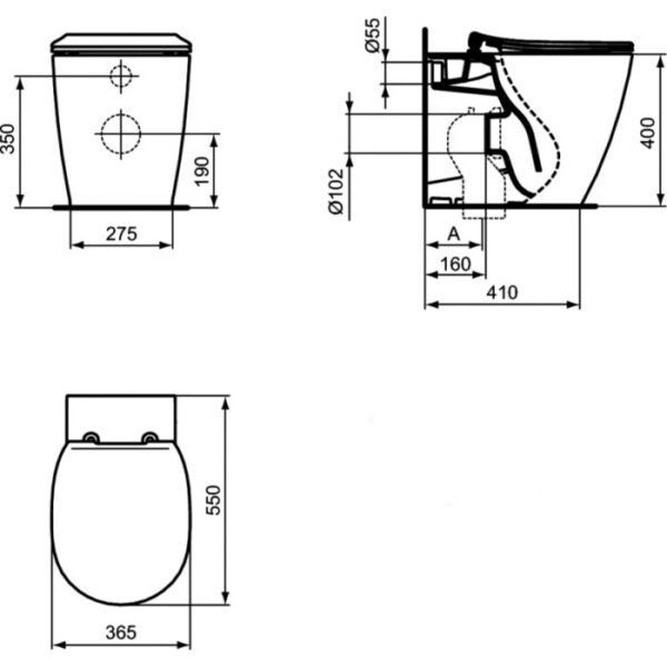 Disegno tecnico WC t.b.t. a parete con dimensioni.