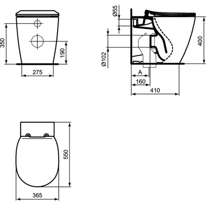 Disegno tecnico WC t.b.t. a parete con dimensioni.