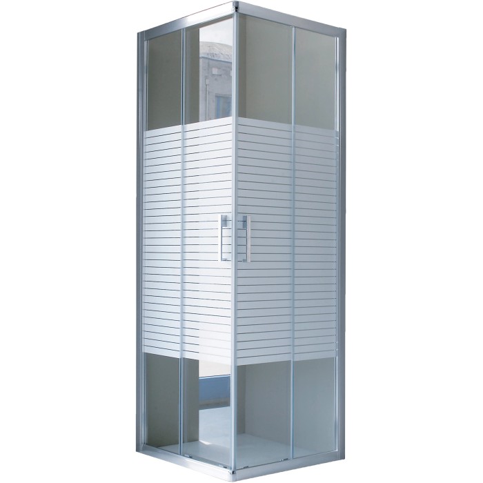Box doccia angolare con strisce orizzontali sul vetro.