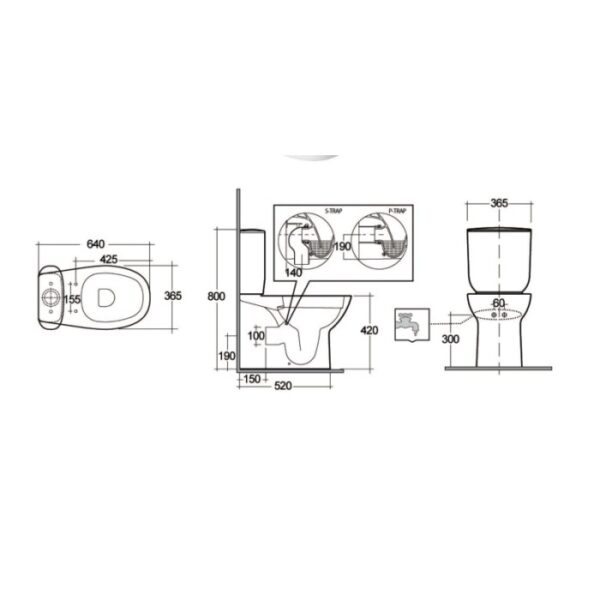 Disegno tecnico WC monoblocco con misure e dettagli su S-Trap e P-Trap.