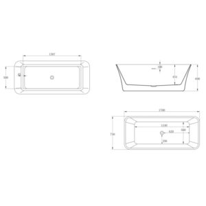 Disegno tecnico della vasca freestanding t.b.t. con dimensioni.