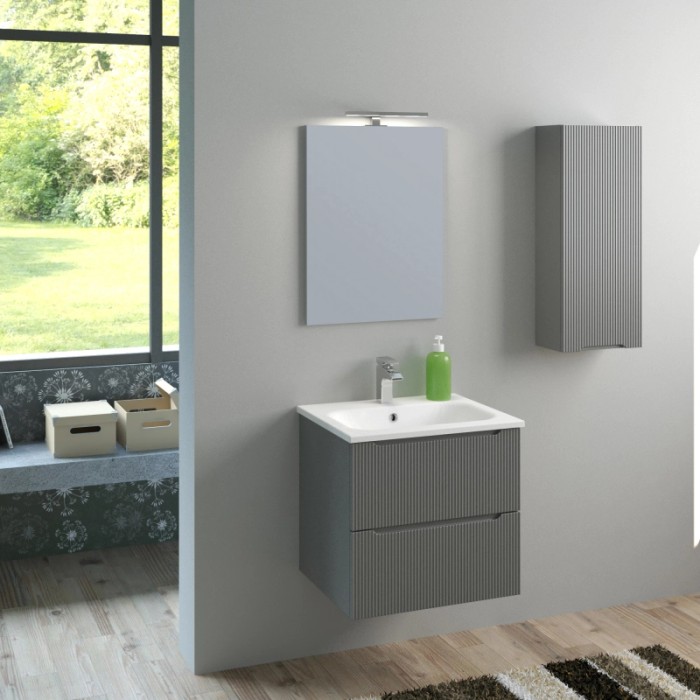 Set di mobili bagno t.b.t. grigio con lavabo, specchiera e pensile per bagno moderno.