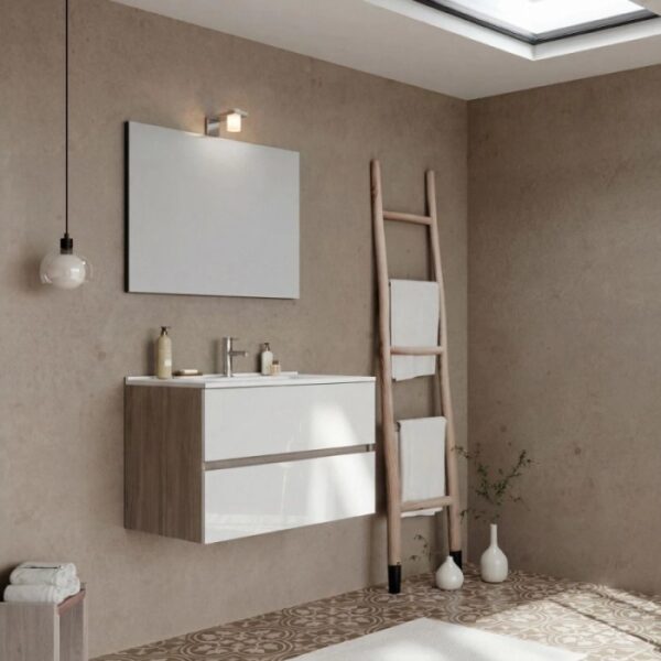 Mobile bagno Cube con lavabo e specchio noce-bianco L81,5xP46,5xH115,4cm