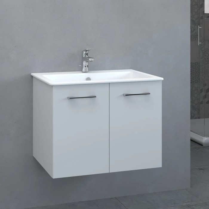 Mobile bagno sospeso bianco con lavabo e due ante. Arredo bagno.