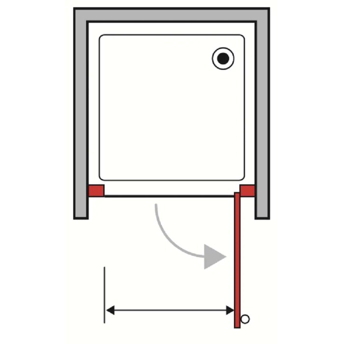 Schizzo di una porta doccia (t.b.t.) con raggio di rotazione.
