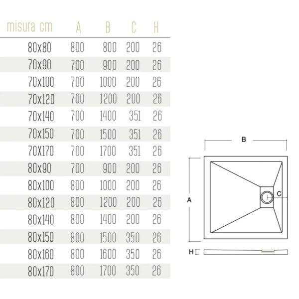 Disegno tecnico di un piatto doccia t.b.t. con dimensioni.