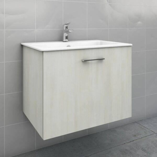 Mobile bagno sospeso con lavabo e maniglia, parte della serie di mobili per il bagno.