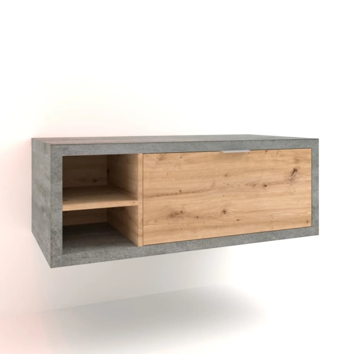 t.b.t. Mobile bagno sospeso con frontale in legno e finitura effetto cemento.