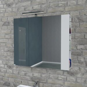 Specchiera moderna con illuminazione e ripiani laterali. Specchio da bagno per più spazio.