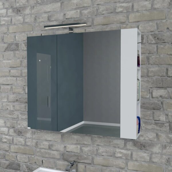 Specchiera moderna con illuminazione e ripiani laterali. Specchio da bagno per più spazio.