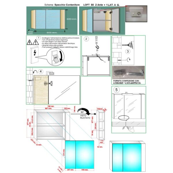 Disegno tecnico dello specchio contenitore t.b.t. con misure e istruzioni di montaggio.