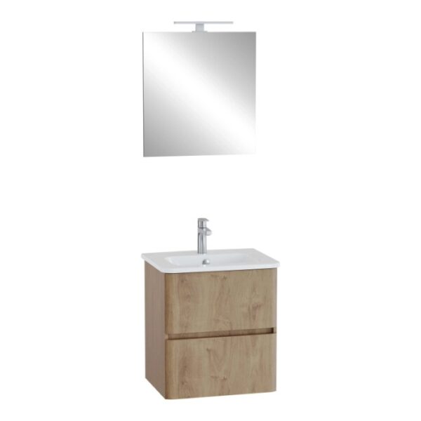 Mobile bagno lavabo+specchio LED sospeso 2 cassetti Mia Plus 60 cm golden oak