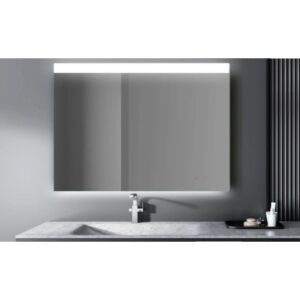 Specchiera rettangolare t.b.t. con illuminazione LED sopra un lavandino.