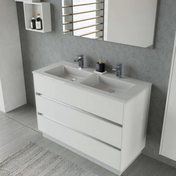 Mobile bagno t.b.t. bianco con due lavabi e tre cassetti. Stile moderno.