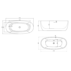 Disegno tecnico della vasca freestanding t.b.t. con dimensioni.